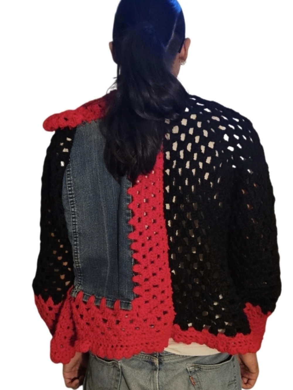 Granny Square Punk Rock Cardigan Skull DJ Upcycled Denim Crochet Jacket Unisex